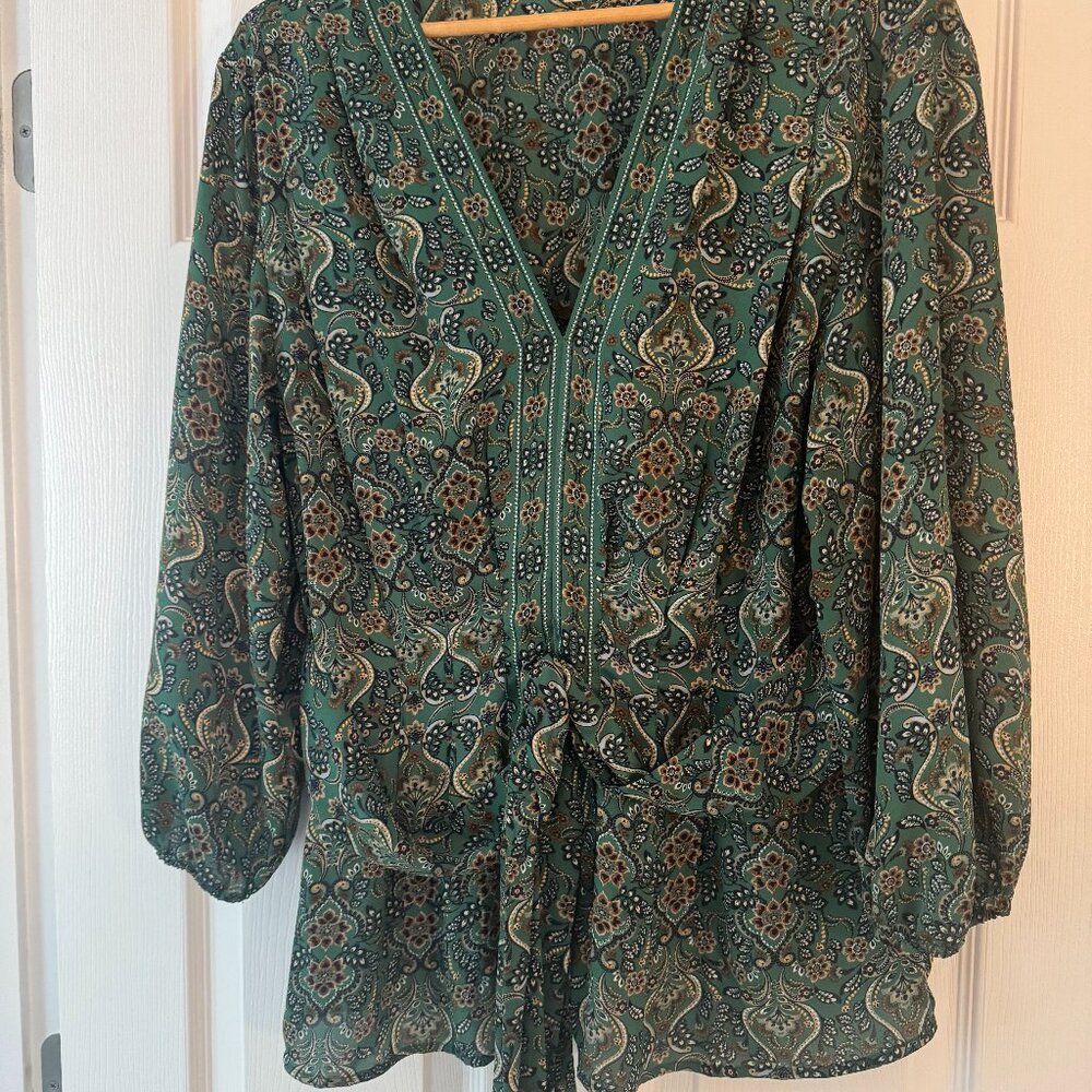 Chic Max Studio Green Paisley Blouse – Belted Bow Detail!